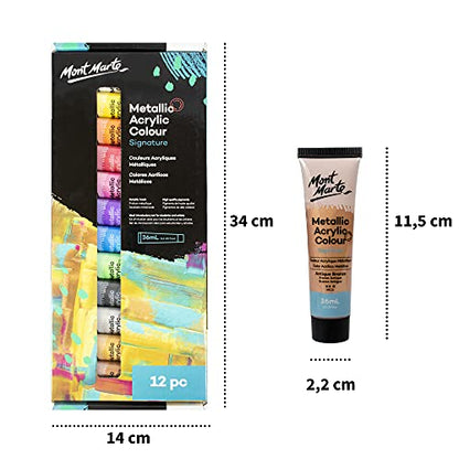 Mont Marte Premium Metallic Acrylic Paint Set, 12 x 1.02oz (36ml) Tubes, 12 Colors, Suitable for Most Surfaces Including Canvas, Card, Paper and Wood - size: 14.4 Fl Oz (Pack of 1)
