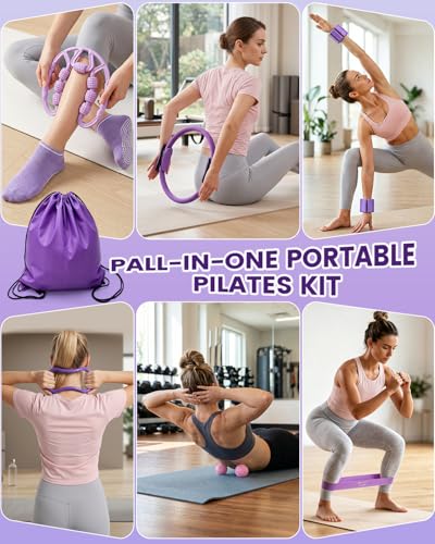 Pilates Kit, 24 in 1Home Pilates Workout Kit for Women, Pilates Equipment with 13" Pilates Ring and Ball, Starter Home Workouts - color: Purple
