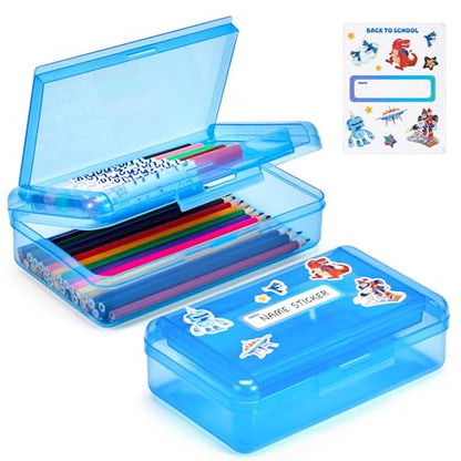 GAMENOTE Plastic Pencil Box with Personalized Sticker,Kid Hard Pencil Case with Snap-tight Lid,Small Art Craft Storage Containers,School Supplies Box for Boys,Girls (Double-Layer Blue) - color: Double-Layer Blue