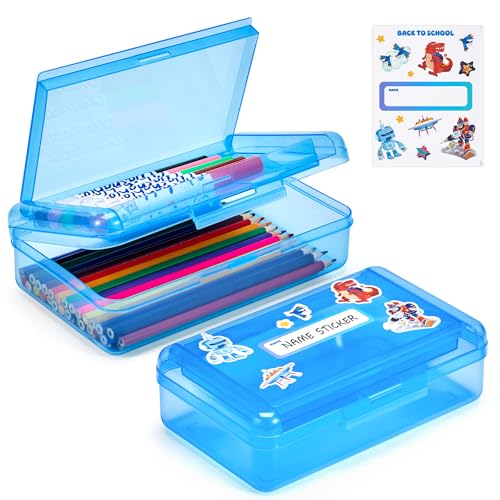GAMENOTE Plastic Pencil Box with Personalized Sticker,Kid Hard Pencil Case with Snap-tight Lid,Small Art Craft Storage Containers,School Supplies Box for Boys,Girls (Double-Layer Blue) - color: Double-Layer Blue