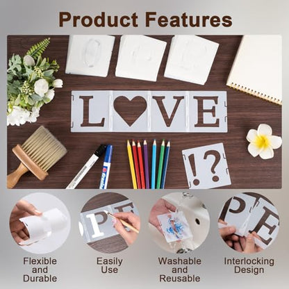Amrules 65 Pcs Painting Stencils, Letters Numbers and Symbols, 4 x 4 Inch | Plastic, Reusable, Interlocked Design, Drawing Templates Set Fit for Wood, Walls, Fabrics, Rocks, Home Decoration - style: Letter