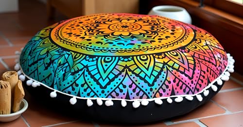 CRAFT KALA Round Mandala Boho Pillow Cover Meditation India Room Seating Poufs Cover for Living Room Yoga Home Décor Bedroom Balcony Garden Decoration Cotton Floor Cushion Cover (32", Multi Flower) - color: Multi Flower, size: 32"