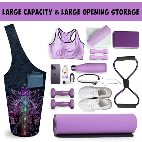Yoga Mat Bag Carrier for Women with Side Large Pocket Durable Linen Workout Gym Travel Storage Pilates Mats - color: Purple Mandala Chakra