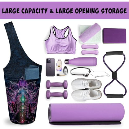 Yoga Mat Bag Carrier for Women with Side Large Pocket Durable Linen Workout Gym Travel Storage Pilates Mats - color: Purple Mandala Chakra