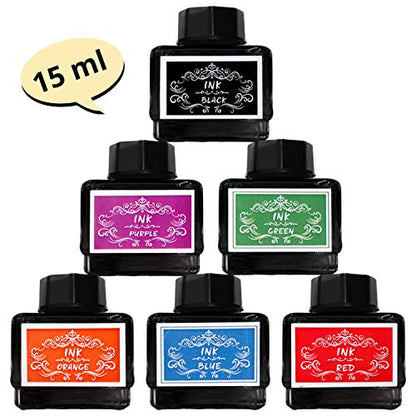 Calligraphy Ink Set | 6 Colors (Black, Blue, Red, Green, Purple, Orange) | 15 ml Bottles | Fountain Pen & Dip Pen Ink