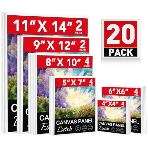 ESRICH Canvas Boards for Painting 20 Multi Pack Paint Canvas Panels 11x14, 9x12, 8x10, 6x6, 5x7, 4x4 Blank Canvases for Painting-Cotton Primed Painting Canvas for Acrylic, Oil, Gouache & Tempera - size: 20 Packs Canvas Panel - 6 Sizes