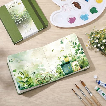 TX Liteart Watercolor Sketchbook, 5.5" x 5.5", 300 GSM Cold Press, Cotton | Green, 24 Sheets, 48 Pages. Pure Cotton, 140Lb Heavyweight Pad For Mixed Media, Watercolor Journal for Travel Sketching
