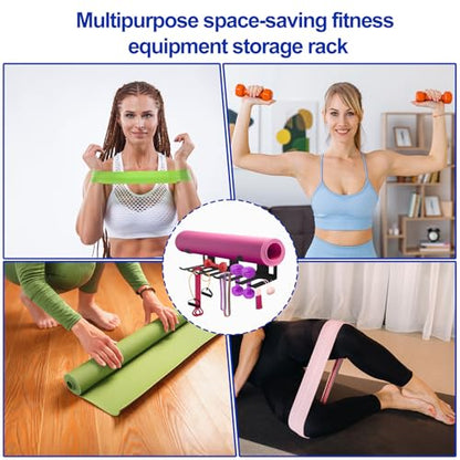 Multi-Purpose Gym Equipment Storage Rack, Stainless Steel Rack Holder Organizer Wall Mount with Screws Home Gym Organization Accessories for Foam Rollers Straps Jump Ropes Yoga Mat (Black)