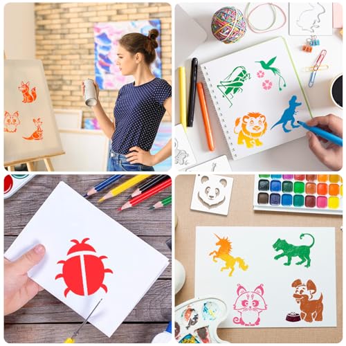 Augshy 56 Pcs Animal Stencils for Painting Craft Drawing Templates for Kids | Reusable Plastic, Wood Canvas Fabric Rock Glass Pottery, DIY Artist Painting, Drawing Stencils for Artists Kids Crafters - style: Animals