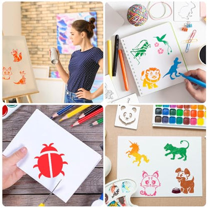 Augshy 56 Pcs Animal Stencils for Painting Craft Drawing Templates for Kids | Reusable Plastic, Wood Canvas Fabric Rock Glass Pottery, DIY Artist Painting, Drawing Stencils for Artists Kids Crafters - style: Animals