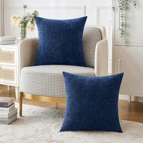 MIULEE Soft Chenille Throw Pillow Covers Navy Blue 16x16 Inch Pack of 2 | Modern Coastal Home Decor, Classic Decorative Pillows, Solid Dyed Cases, Boho Couch Cushion Covers for Sofa Bed Living Room - color: Navy Blue, size: 16" x 16" (Pack of 2)