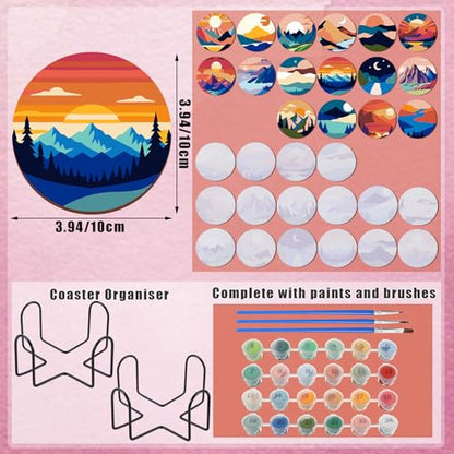 Reallnaive 8 Pcs Mountain Paint by Numbers Kit for Adults Wooden Coasters | Mini Paint by Numbers, Tiny Landscape Round Oil Painting Drink Coaster with Holder, for Small DIY Craft Birthday Gift - style: Mountain