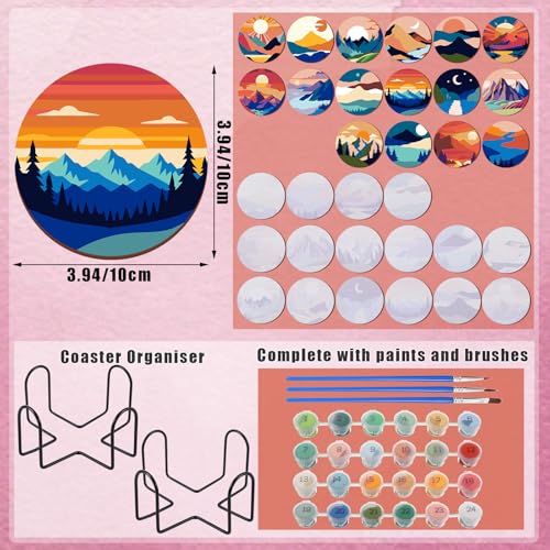 Reallnaive 8 Pcs Mountain Paint by Numbers Kit for Adults Wooden Coasters | Mini Paint by Numbers, Tiny Landscape Round Oil Painting Drink Coaster with Holder, for Small DIY Craft Birthday Gift - style: Mountain