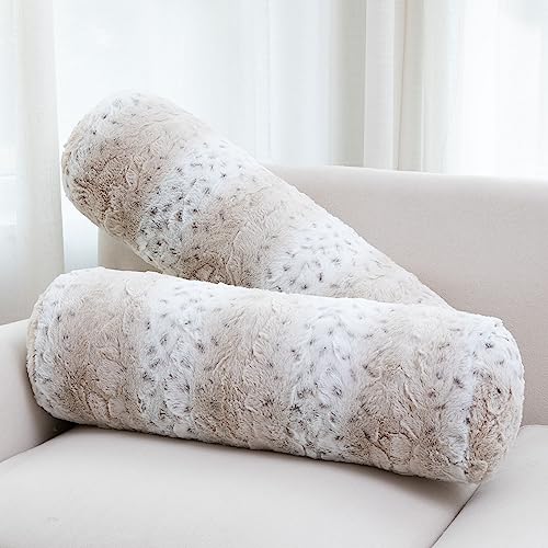 Cheer Collection Faux Fur Bolster Pillows – Soft Decorative Cylinder Pillows for Bed or Couch, Machine Washable – 8” x 24”, Set of 2, Snow Leopard - color: Snow Leopard