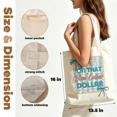 VICBOU Western Cow Skull Canvas Tote Bag for Women Girls, Cowgirl Shoulder Bag with Pocket for Beach Shopping Work - color: Bluecollar02