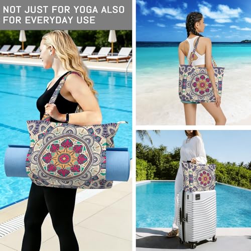 Mandala Yoga Mat Bag Large Yoga Bags and Carrier Fits All Your Stuff Yoga Tote Bags with Zipper Pocket Pilates Bag - color: Beige