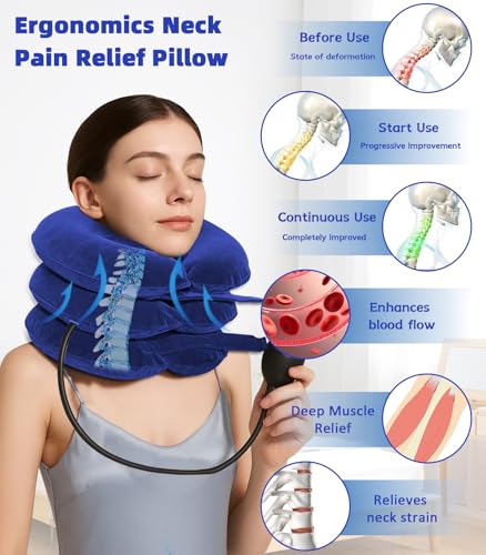 Adjustable Inflatable Cervical Traction Device, Soft Neck Stretcher Support Pillow with Sleep Eye Mask-Blue