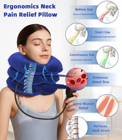 Adjustable Inflatable Cervical Traction Device, Soft Neck Stretcher Support Pillow with Sleep Eye Mask-Blue