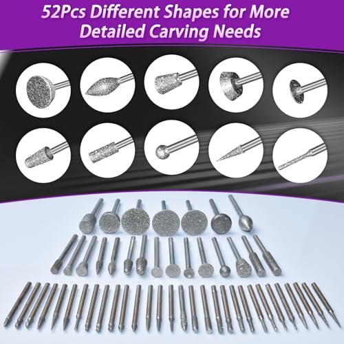 52Pcs Diamond Grinding Bit Polishing Kit Compatible with Dremel, Stone Carving Set Diamond Bits 1/8" (3mm) Shank Accessories for Stone Glass Ceramics Carving, Polishing, Grinding | Stone Carving Set Diamond Bits 1/8" (3mm) Shank Accessories for Stone Glas