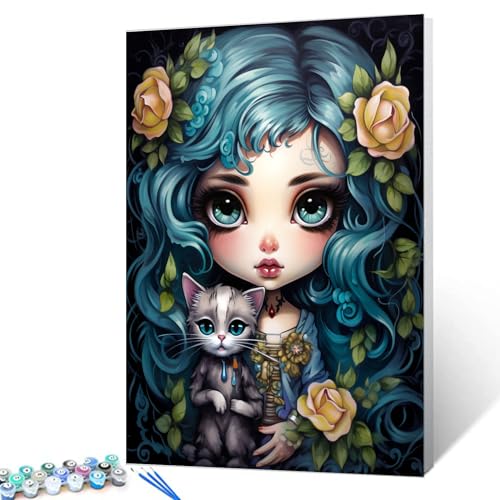 Girl with Flowers Head Art Paint by Numbers Kits with Brushes Cut Animal Cat Acrylic Oil Painting for Adults Kids Jungle Plants Pictures Craft 16''x20" inch Room Office Decor Boho Gift (Frameless) - color: Artwork-01, size: 16''Wx20'H(Without Frame)