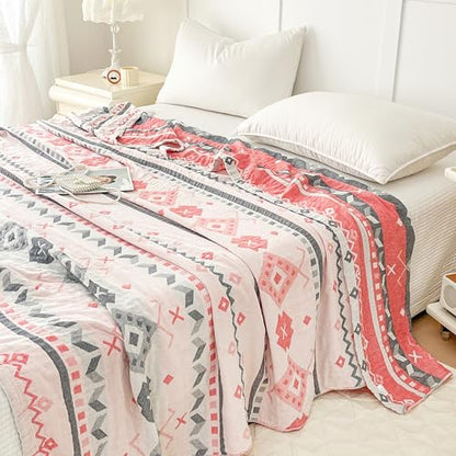 MEJU Boho Indian Pink Gray Retro Southwest Muslin Reversible Blanket for Bed Sofa Couch 100% Combed Cotton 3 Layer Soft Warm Bedspread Throw Blanket Bed Coverlet Twin 60 in x 80 in - color: Boho Pink, size: Twin 60 in x 80 in