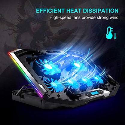 TopMate C11 Laptop Cooling Pad RGB Gaming Notebook Cooler, Laptop Fan Stand | Adjustable Height with 6 Quiet Fans and Phone Holder, Computer Chill Mat, for 15.6-17.3 Inch Laptops - Blue LED Light