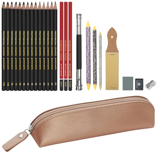 Heshengping, Sketching Pencil Drawing Pencils Set-26pcs, Art Supplies Drawing Kit,Graphite Charcoal Pro Draw Pencil Set,gift for Adults Beginners Artist for drawing sketching Copper Color Case - style: Copper | 26 Pack