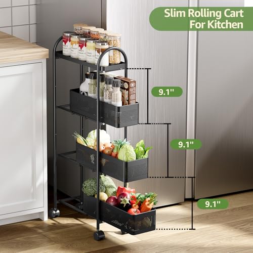 KINGRACK 4 Tier Slim Rolling Cart with Drawer, Metal Utility Storage Cart | 3 Pull-out Baskets, Lockable Wheels, Narrow Space Trolley Organizer for Bathroom, Kitchen, Office, Dorm, Laundry Room, Black - color: Black, size: 4 Tier-3BKT
