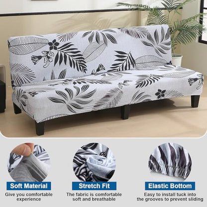 MIFXIN Armless Sofa Cover Futon Slipcover Stretch Elastic Soft Folding Sofa Bed Non-Armrest Couch Furniture Protector Spandex Printed Washable Sofa Cover Without Armrests (Leaves-A) - color: Leaves-a