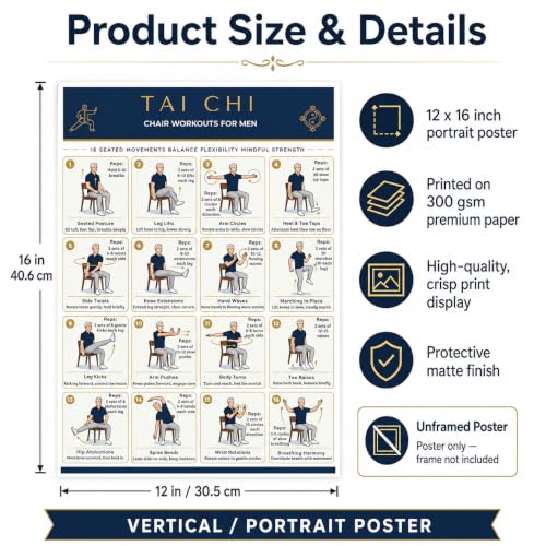 Tai Chi Chair Workout Chart for Seniors & Beginners, 16 Gentle Seated Exercises to Improve Balance, Mobility & Flexibility, Home Exercise Guide, 12 x 16 Inch Unframed