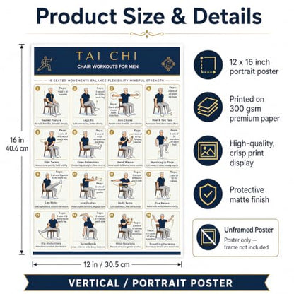 Tai Chi Chair Workout Chart for Seniors & Beginners, 16 Gentle Seated Exercises to Improve Balance, Mobility & Flexibility, Home Exercise Guide, 12 x 16 Inch Unframed
