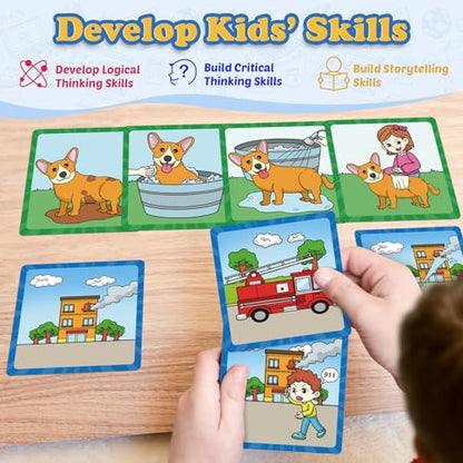 Kasfalci 4-Scene Sequence Board Game, Back to School Supplies, Sequencing Flash Cards, Speech Therapy Materials Sensory Toys for Kids with Autism, Preschool Learning Activity for Improve Storytelling - style: 4-Scene Sequencing Cards