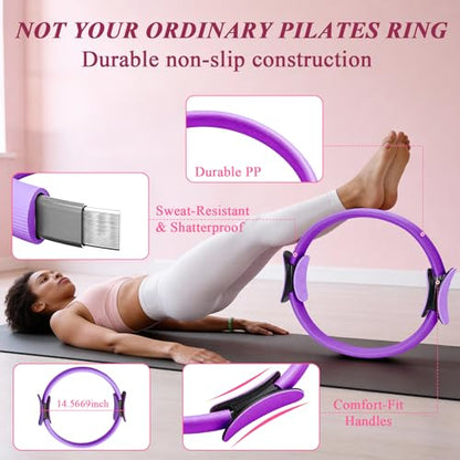 Pilates Ring and Small Ball Set for Women with 5 Resistance Bands, 14 inch Magic Circle Home Workout Essentials Starter Kit for Beginners, Yoga Sets for Full Body Toning Shape