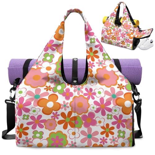 Hippie Floral Gym Bag with Shoe Compartment Hygienic Yoga Bags with Double Zipper & Yoga Mat Holder Sports Duffel Bags, Pink Sports Bag for Sport Exercises - color: Hippie Floral