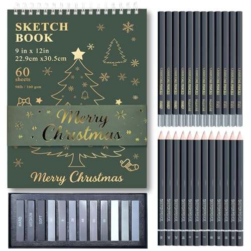 Fuxi Sketch Pad and Pencil Set | Stocking Stuffers, Art Supplies for Adults | Gifts for Artists, Teen & Beginners | Complete Drawing Set with Sketch Book, Sketch Pencils, Charcoal & Graphite Sticks. - color: Christmas Green, size: 9" x 12" (Pack of 1)