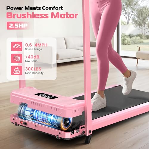 ANCHEER Walking Pad with Handle Bar, 12% Incline, Foldable Treadmill - color: Pink