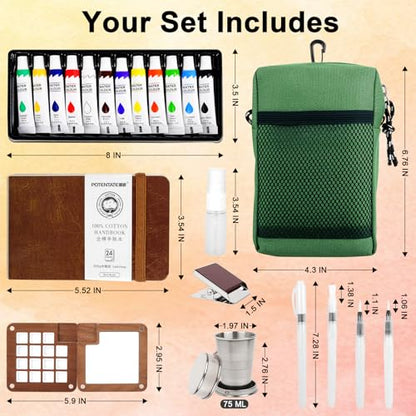 Mini Watercolor Travel Set, All-in-One 12-Color Travel Kit with Palette, Crossbody Bag, Paint Water Cup, Journal, Pocket Set for Artists - color: Brown