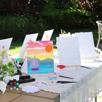 Cholemy 8 Set Paint and Sip Kit for Adults 8'' x 10'' Pre Drawn Canvas with Wooden Easels Acrylic Paint Brushes Wash Cup Palette Apron for Painting DIY Date Night Party Supplies(Landscape) - style: Landscape