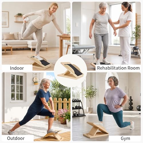 3-in-1 Wooden Slant Board, Calf Stretcher & Balance Board | Adjustable 5-level wooden slant board & wobble board for squats, physical therapy, calf stretching & balance training.