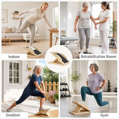 3-in-1 Wooden Slant Board, Calf Stretcher & Balance Board | Adjustable 5-level wooden slant board & wobble board for squats, physical therapy, calf stretching & balance training.