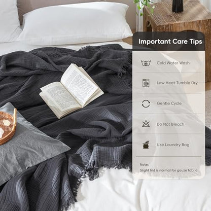 MooMee 100% Cotton Muslin Blanket, Fringed 4-Layer Gauze Bed Couch Throw - color: Dark Grey, size: Throw XL