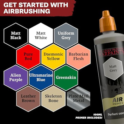 The Army Painter, Warpaints Air Starter Set, 12 x 18 ml | Acrylic Airbrush Paints, incl. 1 Metallic & 1 Grey 100ml Primer - Air brush Paint Kit for models and miniature painting - color: Air Starter Set