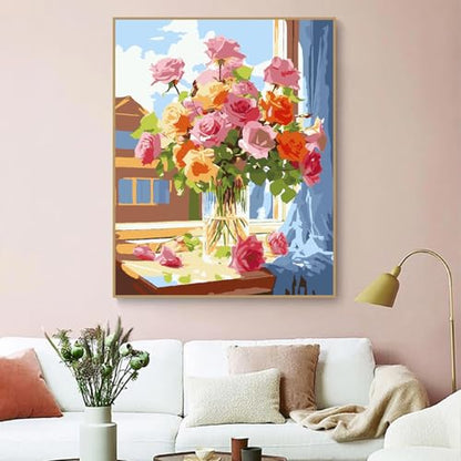 ZRIZQ Paint by Numbers Kit for Adults Beginner,Flowers 16x20 | Full set with wooden brushes,rolled canvas,rich paints.Calming activity.Beginner friendly.Just open and paint. - color: 16"X20"Rolled Canvas-Flowers 9
