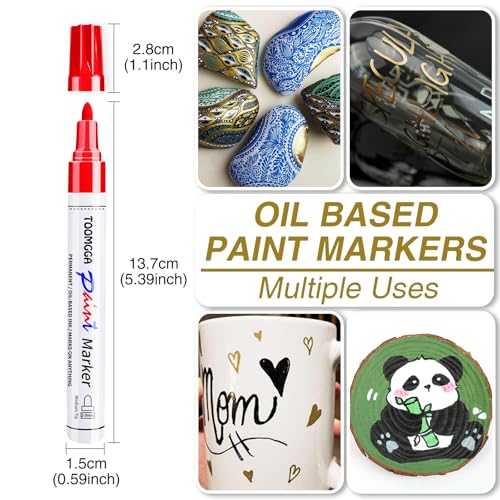 TOOMGGA Paint Pens Permanent Paint Markers, 5 Colors Oil Based Marking Pen | Medium Point, Quick Drying, Fade-resistant, Waterproof Pens for Rock Painting, Car Tyre, Metal, Plastic, Canvas, Wood, Glass