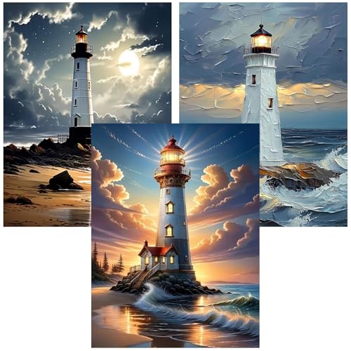 3 Pack Diamond Art Kits for Adults, Lighthouse Diamond Painting 12x16in | 5D Lighthouse Diamond Painting Kits For Beginners, Diy Full Drill Gem Art Kits For Room Wall Decor Gift 12x16in - color: 3 Pack Lighthouse