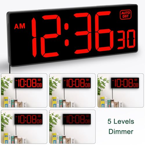 Soobest LED Digital Wall Clock with Seconds | Large Digital Clock Bold Numbers for Seniors, Plug Electric Clock Dimmable Large Display, Auto DST, Gym, 10 Inches - color: 10.2" Red