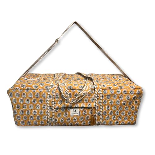 Large Capacity Handblock Printed Yoga Mat bag for Women, Gym Bag, Fits Yoga Blocks, Adjustable strap, Pilates, Gym, Fitness Block & Gear, Light and Durable - color: Marigold Earth