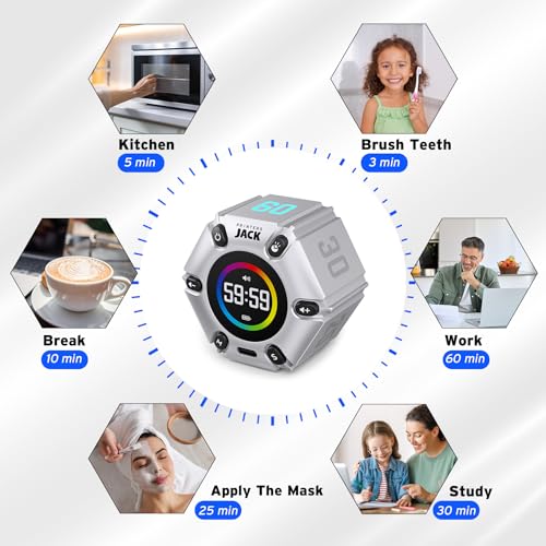Printers Jack Pomodoro Timer - Productivity Cube, Visual Focus Timer, Mute & Vibration & Adjustable Sound Alert, for Office, ADHD, Study, Work, 3/5/10/25/30/60min & Custom Countdown - Silver - color: Silver
