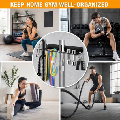 Tebery 9 Hook Home Gym Storage Rack Wall Mount, Fitness Equipment Organizer, Metal Gym Accessory Hanger for Exercise Bands, Jump Ropes, Barbells, Lifting Belts - size: 16.9''L x 4.5''W x 2''H