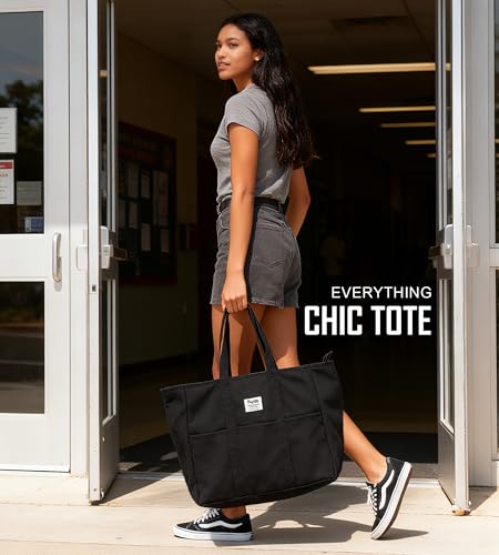 Bagelite Extra Large Canvas Tote for Women Men, Utility Work Bag with Zipper - color: Black